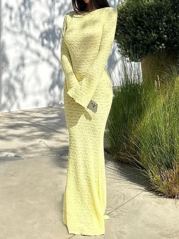 Abito Maxi Maglia Strutturata Schiena Scoperta Fiocco Girocollo Maniche Lunghe Campana Aderente Sirena Elegante Sera Festa