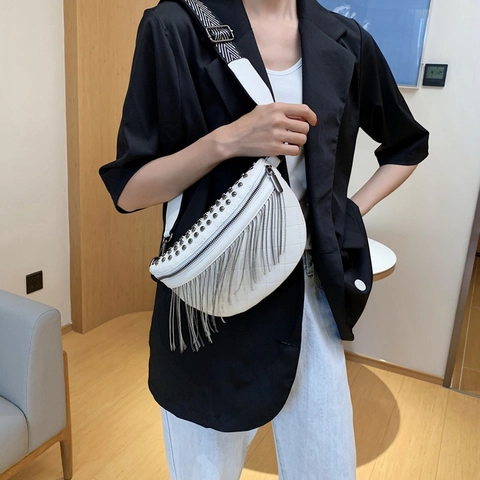 Women Quilted PU Leather Waist Bag Metal Tassels Studs Decoration Wide Woven Strap Half Moon Chest Bag