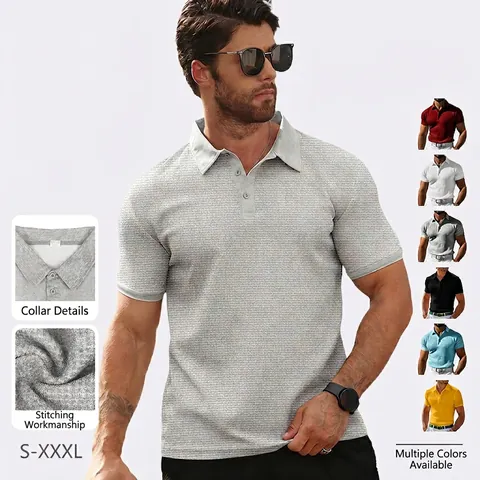 Polo Da Uomo Maglia A Nido D Ape Manica Corta Revers Vestibilità Aderente Traspirante Casual Sport Tinta Unita