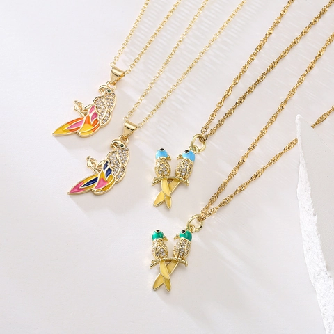 Papegaai Hanger Ketting Koper 18K Verguld Kleurrijk Emaille Zirconia Vogel Sieraden Voor Vrouwen