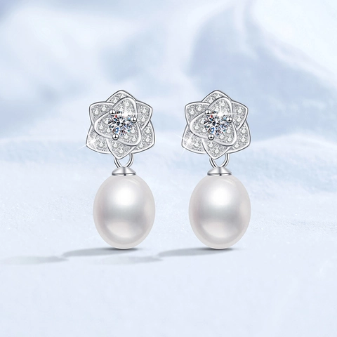 Orecchini A Goccia Fiore Di Camelia Con Perla de Agua Dulce Naturale D'acqua Dolce E Moissanite Perno In Argento Sterling 925 Elegante Per Donna