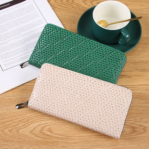 Damen Geldbörse Lang Gewebte Textur PU Leder Große Kapazität Clutch Reißverschluss Kartenhalter Handyfach Retro