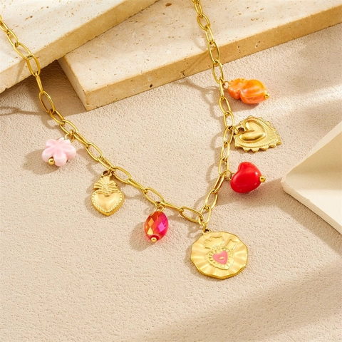 Collana E Bracciale In Acciaio Inossidabile Pendenti Cuore Fiore Catena Placcata Oro Gioielli Moda Per Donna