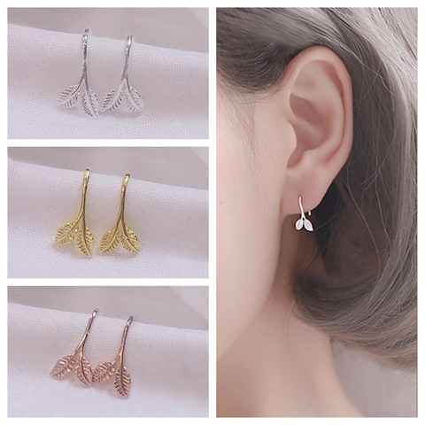 Nature Leaf Earrings Copper Cubic Zirconia Elegant Minimalist Plant Design Tiny Jewelry Gift For Women