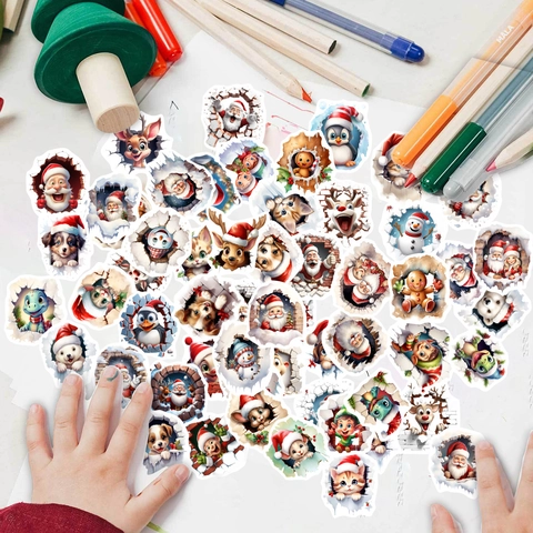 Christmas Stickers PVC Waterproof 3D Visual Effect Cartoon Santa Reindeer Animals Laptop Phone Case DIY Decoration