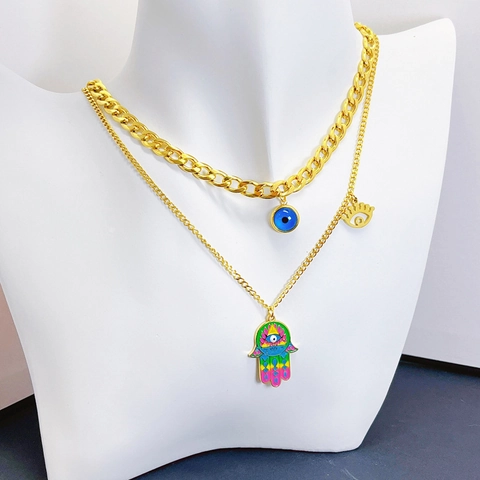 Bohemian Titanium Steel Hamsa Hand Evil Eye Jewelry Set For Women Colorful Enamel Double Layer Necklace Bracelet Earrings