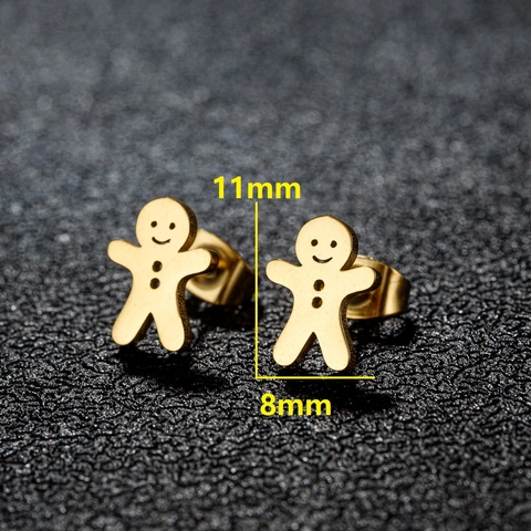 Boucles d'Oreilles Clous en Acier Inoxydable Bonhomme de Pain d'Épices pour Femmes Dessin Animé Visage Souriant Creux Bijoux Noël