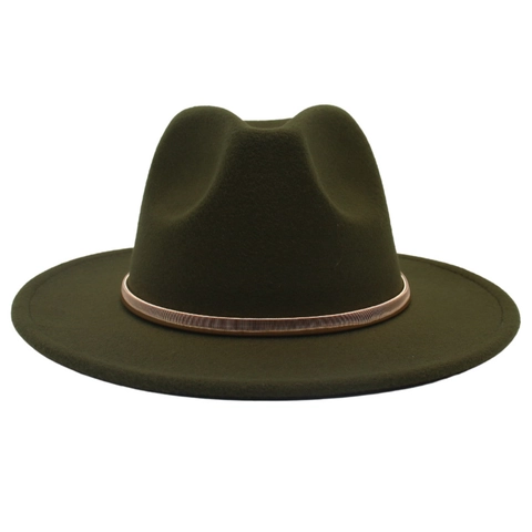 Elegant Fedora Hat Woolen Felt Wide Brim With Gold Metal Band Vintage Jazz Cap For Men Women Fashion