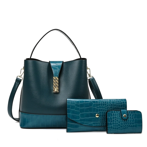 Women Bag Set PU Leather Litchi Crocodile Pattern Large Capacity Shoulder Handbag Crossbody Clutch Card Holder Elegant