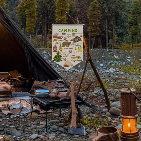 Banner Appeso Da Campeggio Vintage Gagliardetto Bandiera Tela Palo In Legno Decorazione Tenda Esterna Avventura Murale