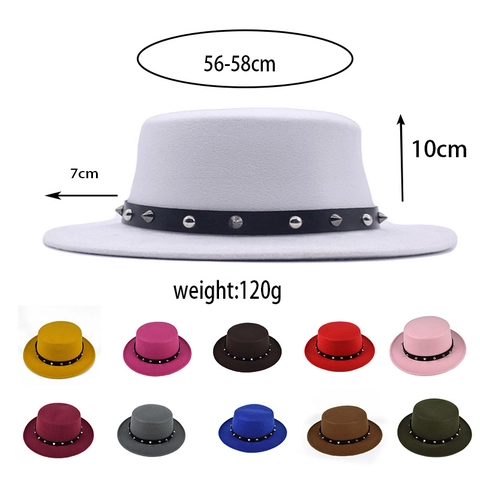 Chapeau Canotier Punk Avec Ceinture à Rivets Métalliques Haut Plat Fedora en Feutre pour Femmes Hommes Style Jazz