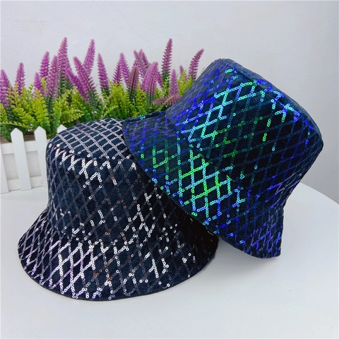 Women Sequin Bucket Hat Cotton Polyester Diamond Lattice Pattern Fashion Chic Retro Party Clubwear Glamorous Accessory