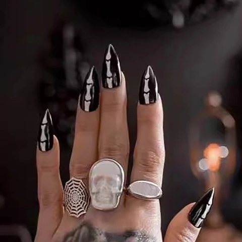 Gothic Skeleton Bone Press On Nails Black White Almond Shape Fake Nails For Halloween Party Dark Style Plastic
