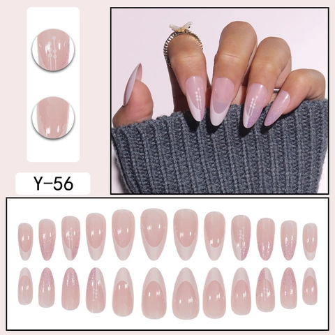 French White Tips Press On Nails Lange Mandel Nude Rosa Mit Lila Glitzer Künstliche Fingernägel Für Damen