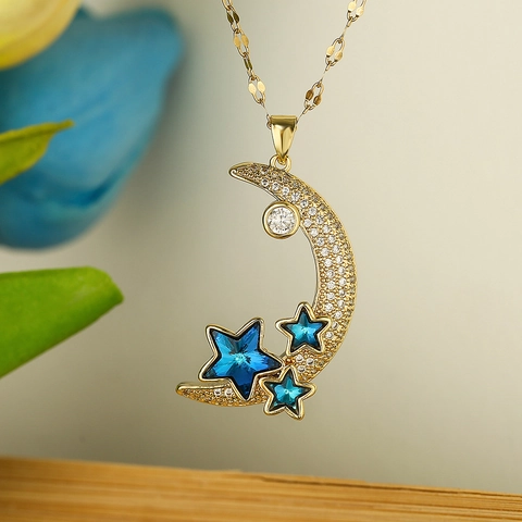 Crescent Moon Pendant Necklace Gold Plated Copper With Zircon Star Crystal Chic Jewelry For Women