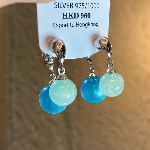 Double Bead Drop Earrings With Silver Earring Post Blue Green Resin Ball Summer Vacation Style For Women Minimalist Dangle