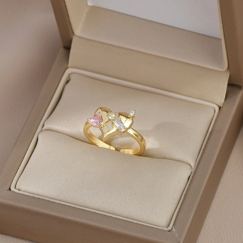 Verstelbare Open Ring Hart Roze Zirkonia Koper Micro Geplaveide Elegante Mode-Sieraden Voor Dames