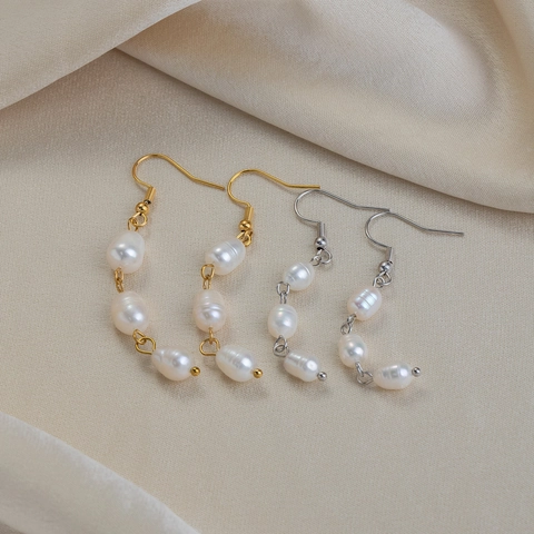 Triple Freshwater Pearl Dangle Earrings Stainless Steel 18K Gold Plated Waterproof Long Drop Elegant Jewelry For Women