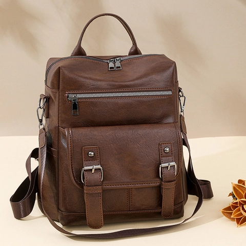 Sac À Dos Femme Mode Rétro Cuir PU Multi Poche Grande Capacité Sac De Voyage Style Coréen Hydrofuge Doux Décontracté
