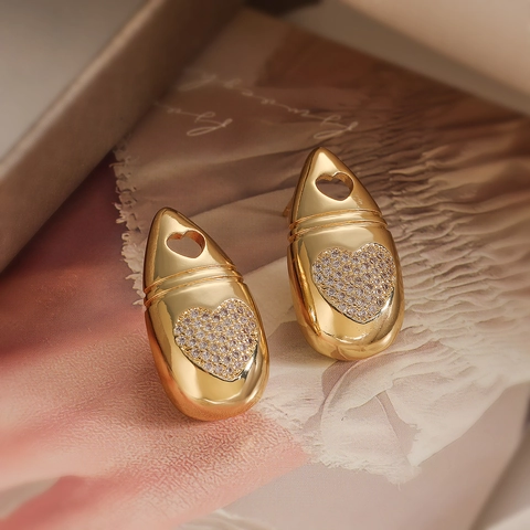 Waterdruppel Hart Oorknopjes 18K Verguld Koper Met Zirkoon Retro Vintage Mode Sieraden Voor Dames