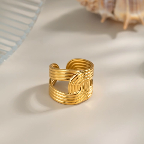 Minimalistischer Mehrlagiger Wellenform Offener Verstellbarer Ring Goldbeschichteter Edelstahl Wasserdichter Schmuck