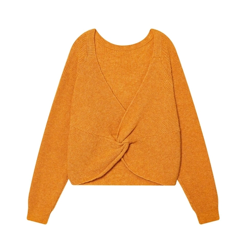 Women Knitted Sweater Long Sleeve Deep V Neck Twist Back Cropped Pullover Solid Color Acrylic Polyester Top