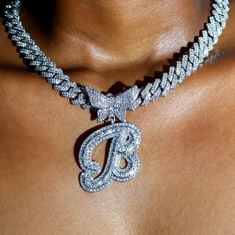 Collana Con Pendente Lettera Iced Out Con Fibbia A Farfalla Lega Strass Hip Hop Catena Cubana