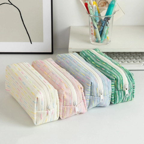 Large Capacity Pencil Case Woven Tweed Texture Colorful Striped Desktop Stationery Storage Bag For Students Office