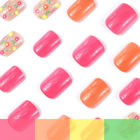 Press On Nails Short Square Artificial False Nail Tips With Jelly Glue Glossy Neon Pink Orange Floral Flower Design