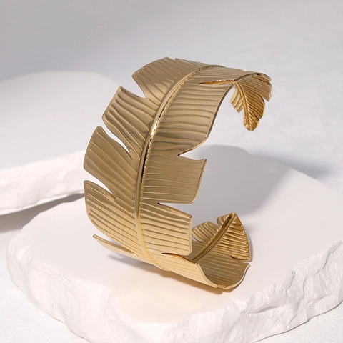Brazalete Ancho De Hoja Acero Inoxidable Chapado En Oro 18K Abierto Ajustable Joyería Palm Moda Para Mujeres