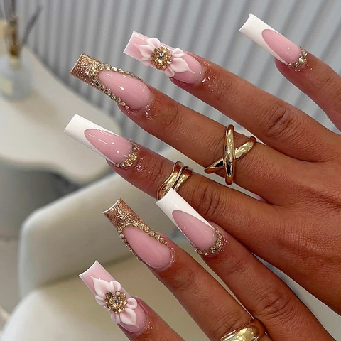 Press On Nails Long Square Coffin Shape French Pink White Marble Pattern With 3D Flowers And Rhinestones Artificial Fake Nails