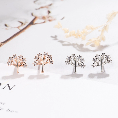 Tree Of Life Stud Earrings Copper Silver Rose Gold Plated Sparkling Cubic Zirconia Cute Dainty Jewelry For Women