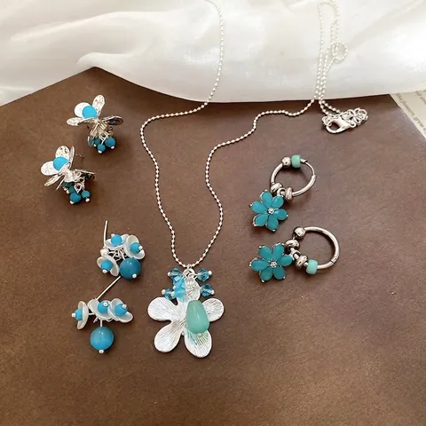 Flower Necklace And Earrings Copper With 925 Sterling Silver Earring Post Turquoise Stone Rhinestone Floral Tassel Women