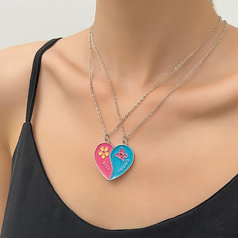 Collar De Amistad A Juego De Corazón Aleación Esmalte Arcoíris Mariposa Joyas Bestie Para Mujeres Niñas Colgante