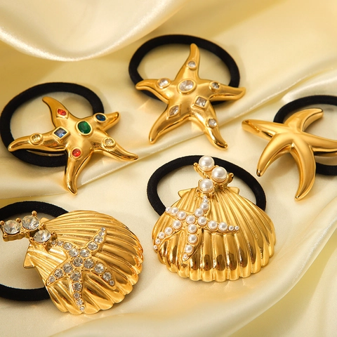 Gomas Pelo Temática Océano Estrella De Mar Concha De Acero Inoxidable Diamantes De Imitación Perla Artificial Elástica Para Mujeres