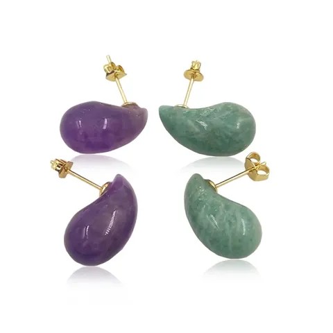 Copper 18K Gold Plated Teardrop Natural Stone Stud Earrings Amethyst Rose Quartz Lapis Tiger Eye Jewelry For Women