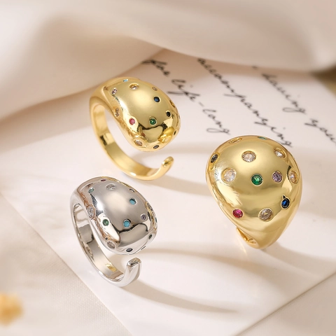 Geometric Irregular Copper Gold Plated Rings With Colorful Zircon Adjustable Open Ring For Women Niche Style