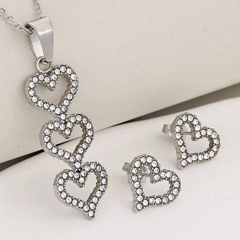 Set di Gioielli Collana e Orecchini a Cuore in Acciaio Inossidabile con Strass Brillanti Accessori Moda Donna