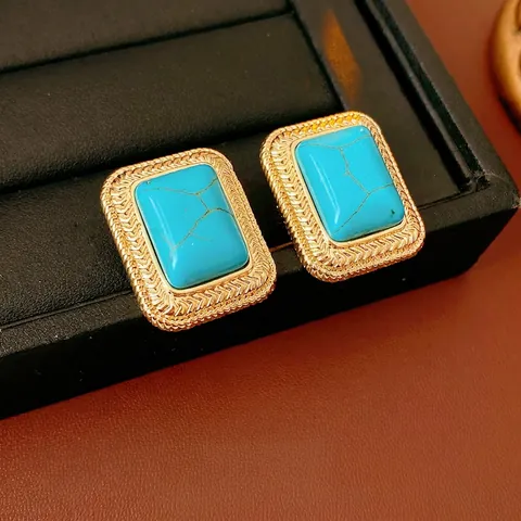 Vintage Rectangle Stud Earrings With Turquoise Stone And Silver Earring Post Alloy Woven Texture Palace Style For Women