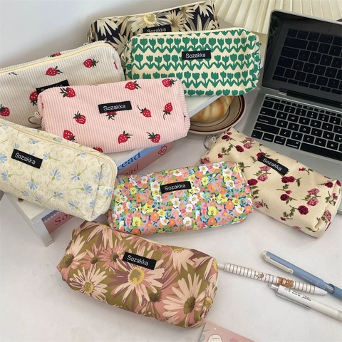 Trousse À Crayons Velours Côtelé Grande Capacité Fermeture Éclair Rétro Floral Fraise Pois Léopard Sac À Maquillage Organisateur