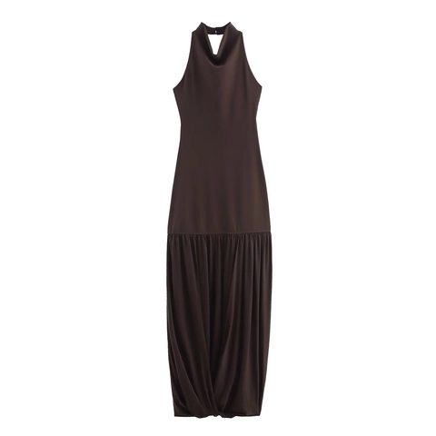 Halterneck Maxi Kleid Polyester Mesh Gerafft Schmale Passform Ärmellos V Ausschnitt Sexy Party Abend Elegant Kaffee Langes Kleid