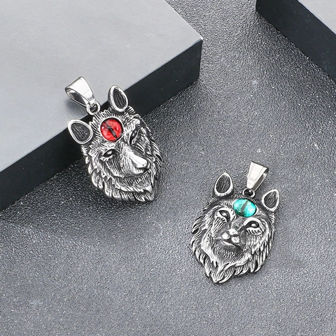 Nordic Mythology Fenrir Wolf Head Pendant Necklace Stainless Steel Cat Eye Stone Punk Hip Hop Vintage Men Jewelry