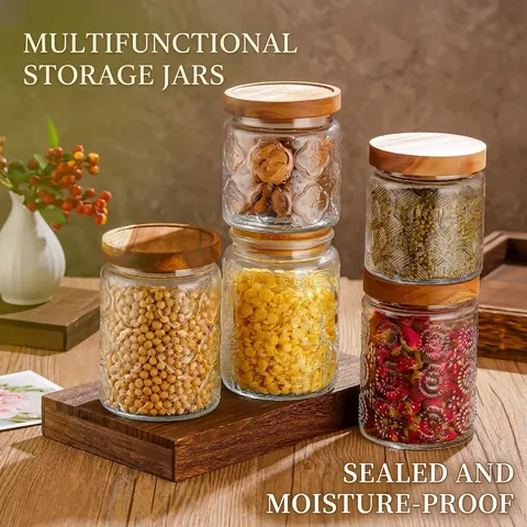 Glass Storage Jars With Wooden Bamboo Lids Embossed Pattern Airtight Food Canisters For Kitchen Storage