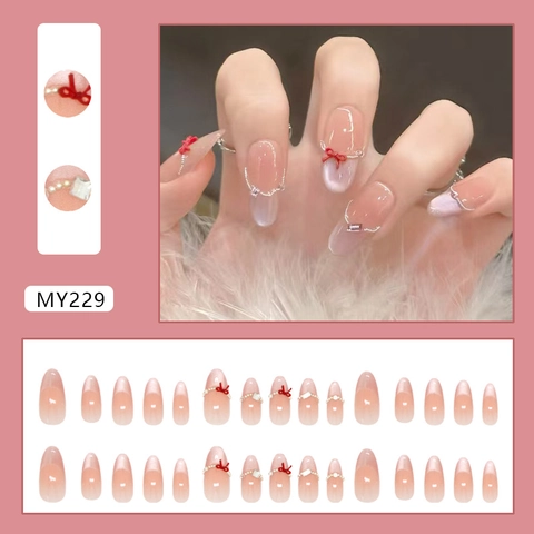 Uñas Postizas Elegantes Forma Almendra Degradado Rosa Ojo De Gato Con Lazo Rojo 3D Diamantes De Imitación Y Perla Artificial