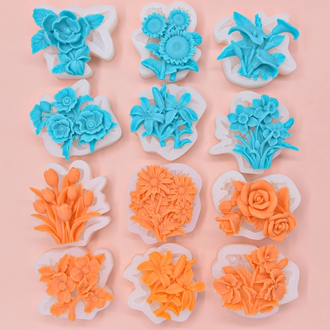 Stampi In Silicone Per Fiori Forme Floreali 3D Rosa Peonia Girasole Fai Da Te Fusione In Resina Sapone Candela Torta Fondente
