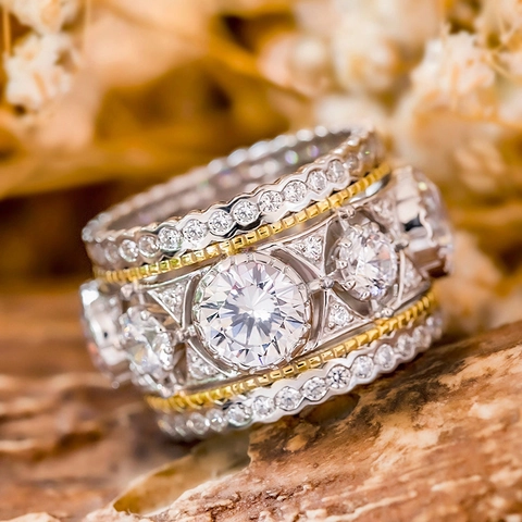 Luxury Two-Tone Wide Band Ring For Women Copper Jewelry Round Zircon Micro Pave Vintage Palace Style Elegant Accessories