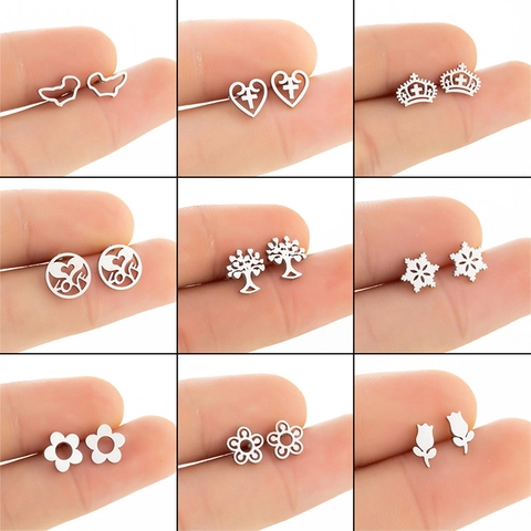 Boucles D'oreilles Puces En Acier Inoxydable Fleur Arbre De Vie Flocon De Neige Cœur Couronne Tulipe Bijoux De Mode