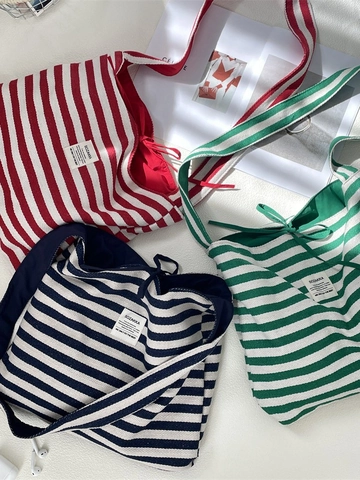 Striped Canvas Texture Polyester Tote Bag Large Capacity Casual Shoulder Bag With Bonjour Print And Tie Closure For Women