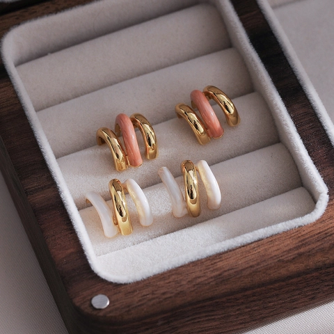 French Vintage C-Shaped Stud Earrings For Women Enamel Oil Drip Contrast Color Triple Ring Copper Plated Minimalist Elegant Jewelry