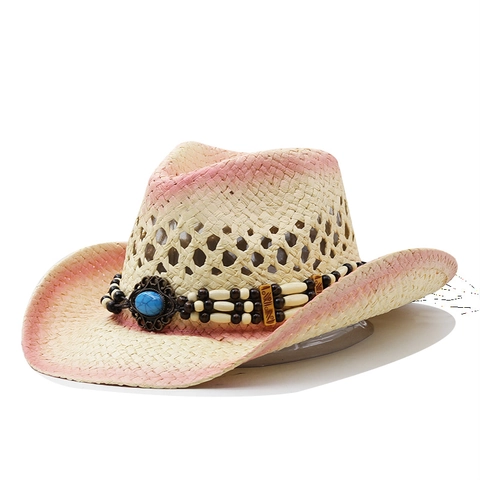 Western Cowboy Straw Hat Breathable Sun Protection Bohemian Turquoise Bead Decor Ethnic Vintage Summer Travel Wide Brim